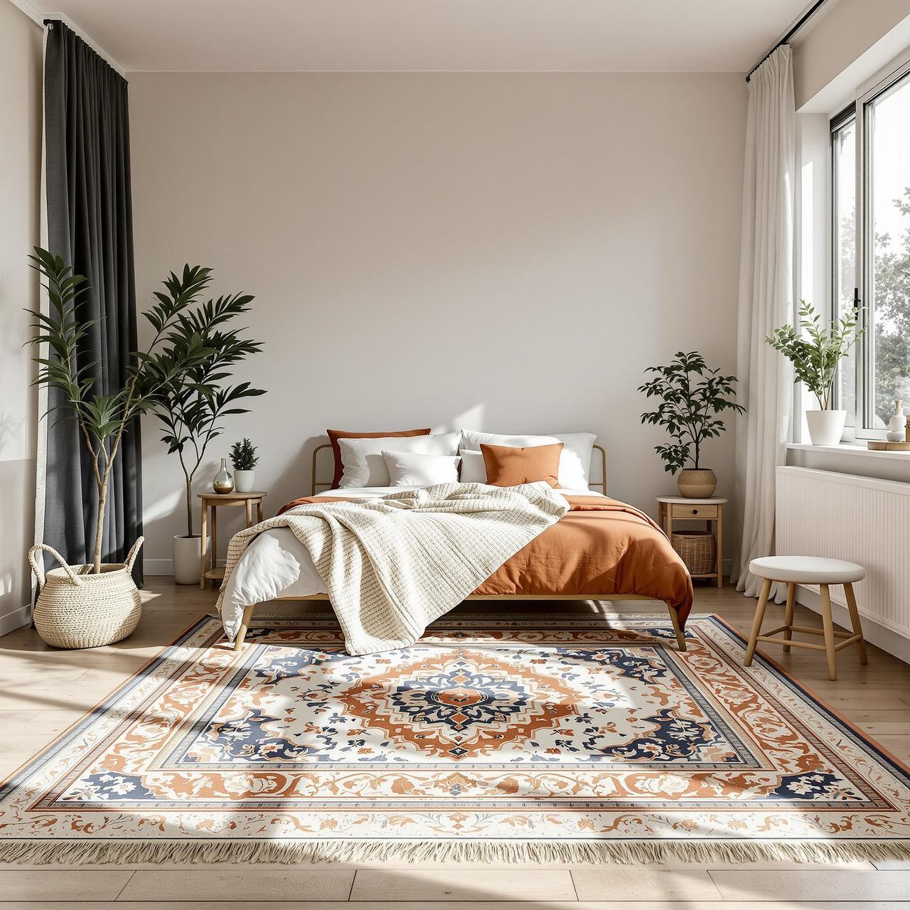 波斯风地毯如何搭配现代极简卧室,附完整软装方案